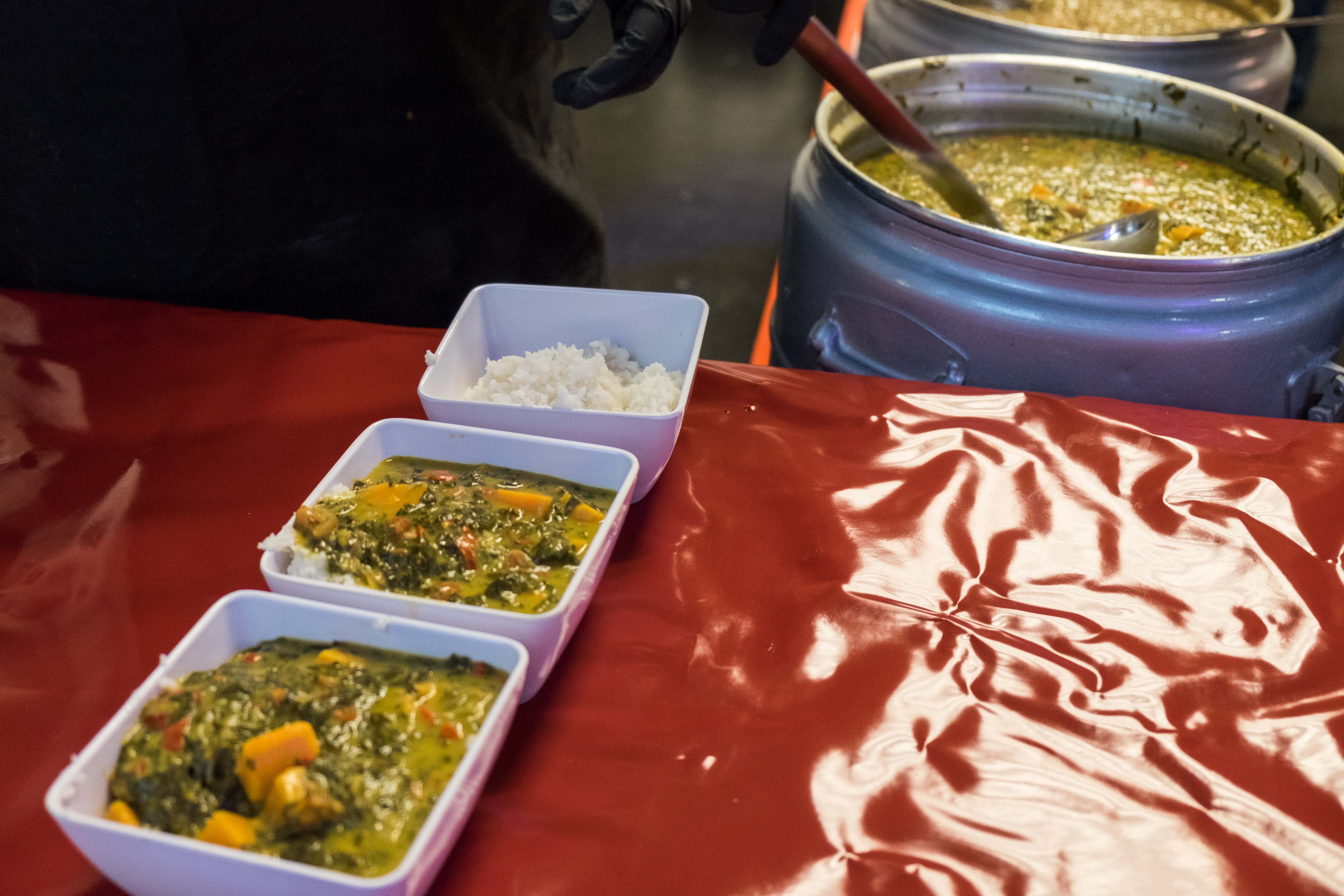 Im Vordergrund stehen zwei Schalen mit Curry, gefolgt von einer dritten, die nur Reis enthält. Im Hintergrund befindet sich ein großer Bottich voller Curry.