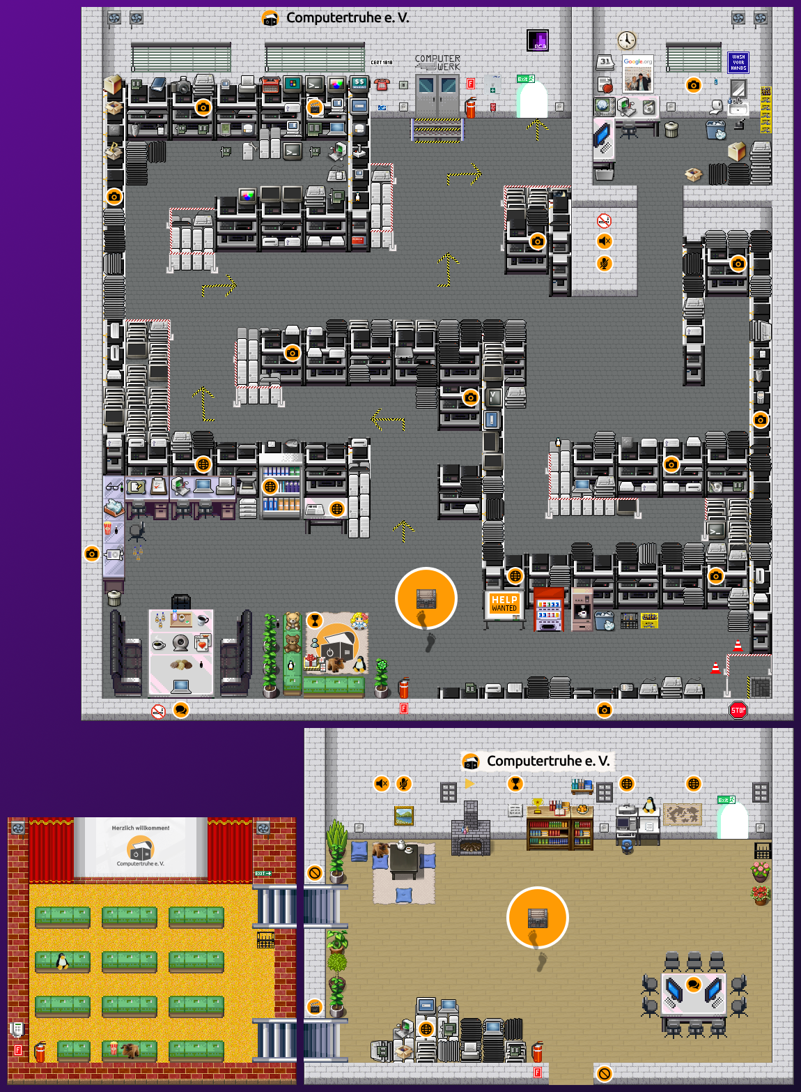Überblick über alle drei Karten der „Computertruhe“-Assembly, die für den „rC3“ erstellt wurden: Wohnzimmer, Kino und Lager.