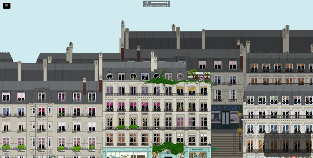 Screenshot mehrerer Häuserfronten, wie man sie in bspw. in Paris antrifft. Auf einer Dachterrasse befindet sich ein Avatar.