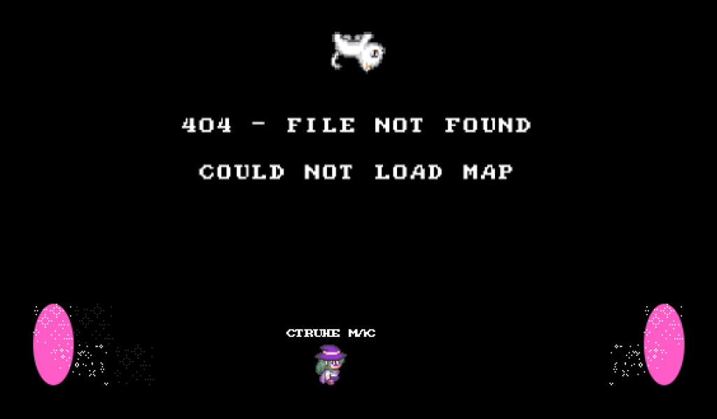 Screenshot einer schwarzen Seite, mit je einem Portal an den Rändern und einem Avatar dazwischen. Am oberen Rand befindet sich eine weiße, auf dem Kopf stehende Katze und darunter der Text: „404 – FILE NOT FOUND – COULD NOT LOAD MAP“