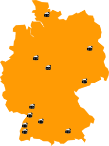 Einfache Grafik bestehend aus einer simplifizierten Karte Deutschlands, in der alle derzeit aktiven Standorte, elf an der Zahl, eingezeichnet sind.