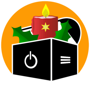 Spezielles Logo der „Computertruhe“ für die Adventszeit. Aus der Truhe ragen eine brennende, mit einem Stern verzierte Kerze und zwei Blätter einer Stechpalme.