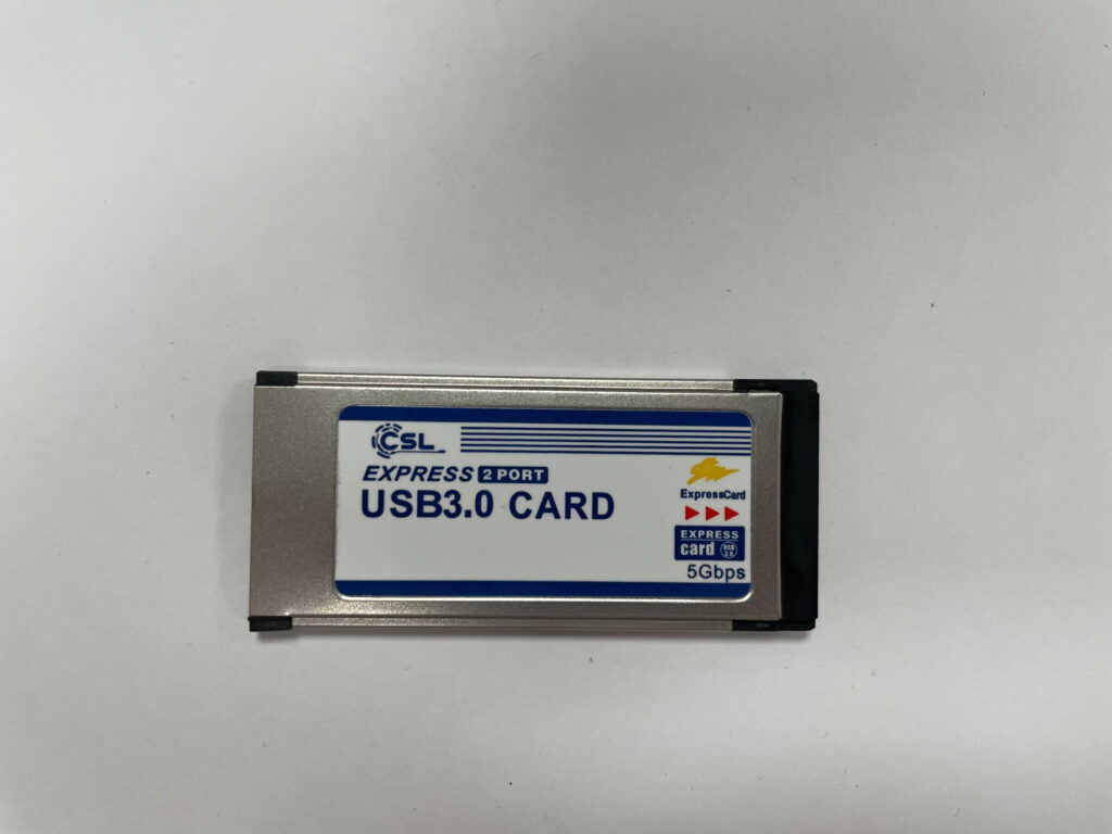 Silberne CSL-ExpressCard mit blau-weißem Aufkleber „USB 3.0 Card“, „2 Port“ und „5 Gbps“.