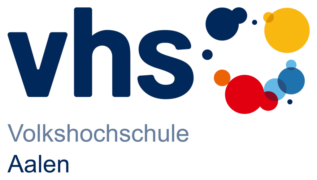 Logografik bestehend aus dem Schriftzug „vhs – Volkdhochschule Aalen“ und einigen bunten, verschieden großen und sich teilweise überlappenden Kreisen.