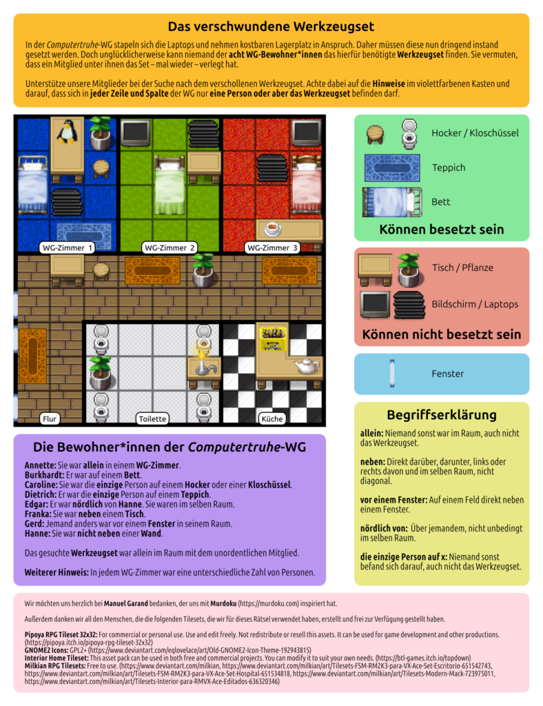 Grafik, die ein Sudoku-ähnliches Spielraster aus 9x9 Feldern zeigt, welches wie der Grundriss einer Wohnung aussieht und Gegenstände, wie z. B. Betten, Laptopstapel oder Tische, beinhaltet. Drumherum befinden sich mehrere Kästen mit Texten, die u. a. die Regeln erklären und Hinweise für die Lösung enthalten.