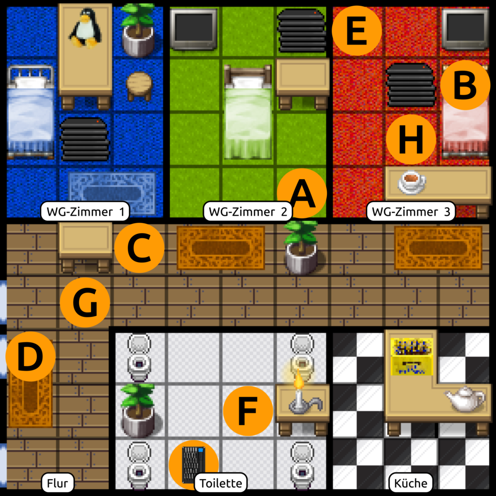Grafik, die ein Sudoku-ähnliches Spielraster aus 9x9 Feldern zeigt, welches wie der Grundriss einer Wohnung aussieht und Gegenstände, wie z. B. Betten, Laptopstapel oder Tische, beinhaltet. Zudem sind die unten genannten Felder wie folgt markiert: Spalte 1, Zeile 7: D Spalte 2, Zeile 6: G Spalte 3, Zeile 5: C Spalte 4, Zeile 9: Werkzeugset Spalte 5, Zeile 8: F Spalte 6, Zeile 4: A Spalte 7, Zeile 1: E Spalte 8, Zeile 3: H Spalte 9, Zeile 2: B